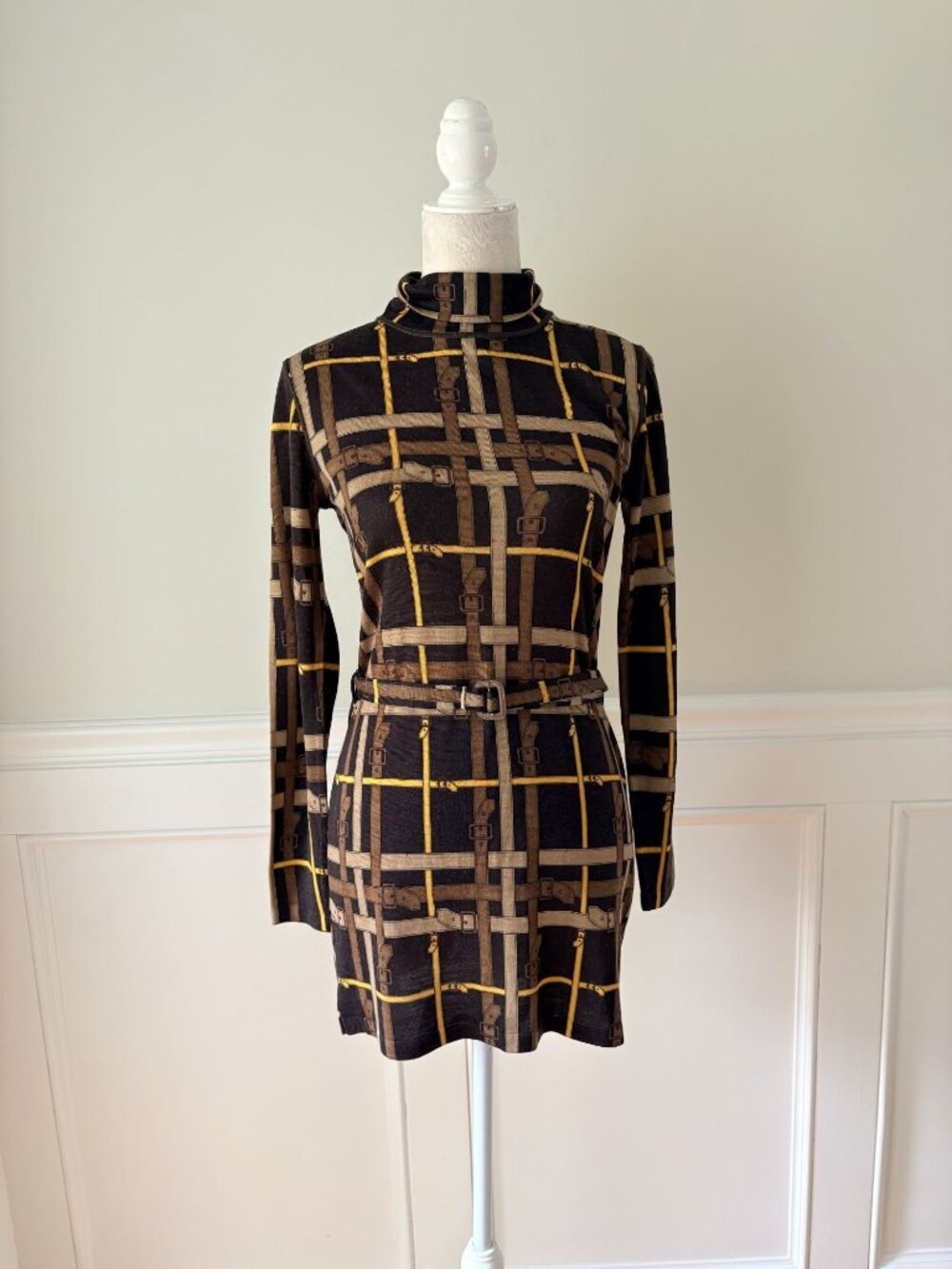Burberry Vintage 100% Merino Wool Mini Dress Equestrian Plaid Brown S